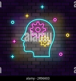 Brainstorming, gear, multicolor neon icon on dark brick wall Stock Vector