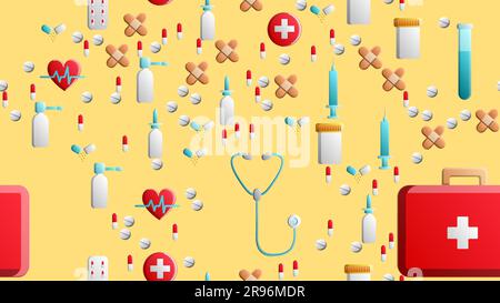Endless seamless pattern of medical scientific medical items icons jars with pills capsules first aid kits and stethoscopes on a yellow background. Ve Stock Vector