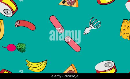 Endless green seamless pattern from a set of icons of delicious food and snacks items for a restaurant bar cafe: sausage, bananas, radish, squid, chee Stock Vector