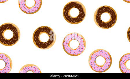 Seamless pattern, texture from different round sweet flour tasty fresh hot donuts, pastries, sugar-coated cookies in chocolate candy caramel candy on Stock Vector