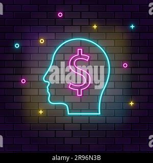 Human mind, finance, money, multicolor neon icon on dark brick wall Stock Vector