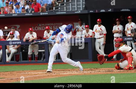 London, UK. 24th June, 2023. Chicago Cubs Ian Happ hits a home run in their game against the St Louis Cardinals in the MLB World Tour London Series at the Olympic Stadium in London on Saturday, June 24, 2023. Photo by Hugo Philpott/UPI Credit: UPI/Alamy Live News Stock Photo