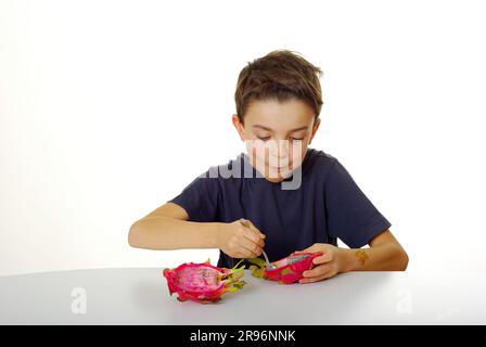 Boy eats pitahaya with triangular hylocereus (Hylocereus triangularis), cactus fruit, dragon fruit, spoon, pitaya Stock Photo