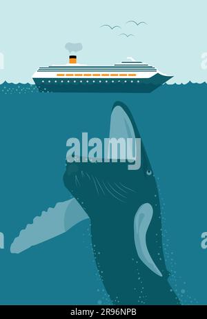 Big Whale, Fish Will Engulf, Swallow, and Eat Small Cruise Ship Like Predator and Prey in the Ocean Stock Vector
