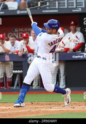 London, UK. 24th June, 2023. Cardinal Cubs Mike Tauchman hits the ball in their game against the St Louis Cardinals in the MLB World Tour London Series at the Olympic Stadium in London on Saturday, June 24, 2023. Photo by Hugo Philpott/UPI Credit: UPI/Alamy Live News Stock Photo