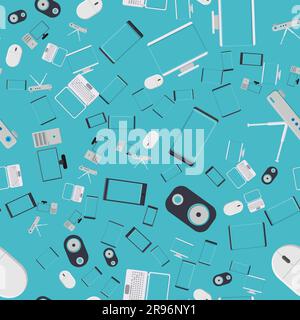 Seamless pattern, texture from modern digital devices, gadgets, tablets, smartphones, mice, speakers, monitors, laptops, routers for internet, compute Stock Vector