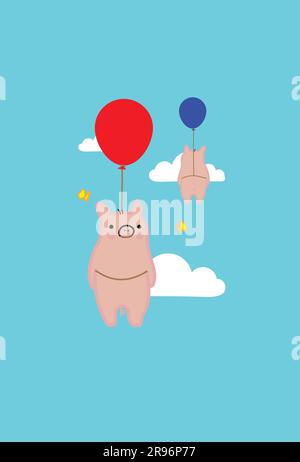 Two Cute Flying Pigs Float Up in the Sky, Like The Saying, When Pigs Fly Stock Vector
