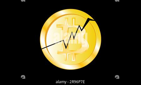 Gold metal yellow cracked coin bitcoin. Obverse of a broken bitcoin coin on a black background. The collapse of the crypto currency. The fall of bitco Stock Vector