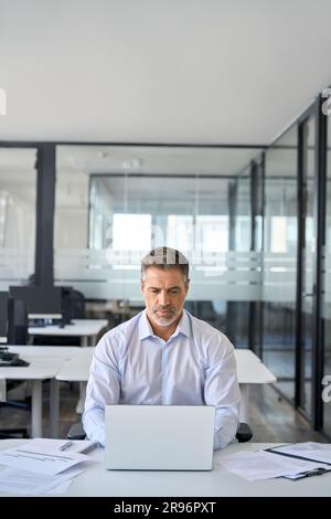 Mature adult business man manager using laptop computer in office. Stock Photo