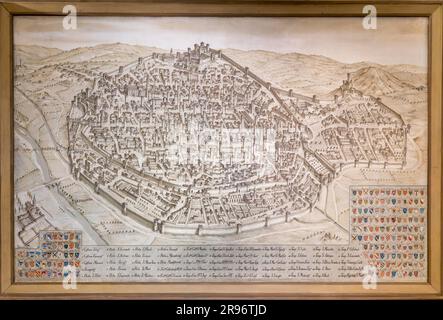 Fresco with city view of the medieval town of Asti, Palazzo Mazzetti, Asti, Monferrato, Piedmont, Italy Stock Photo