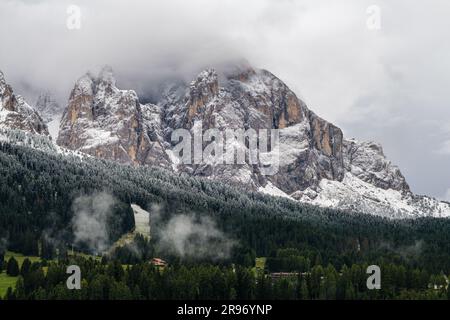 A stunning winter landscape featuring Sasso Lungo mountain in the Dolomites, South Tyrol, Italy Stock Photo