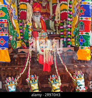 Priest Arumugam Paskaran at the main festival day during the big procession Theer, temple festival, Hamm, Ruhr area, North Rhine-Westphalia, Germany Stock Photo