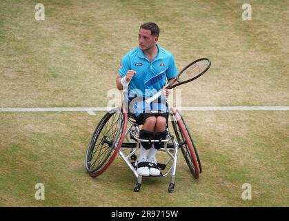 London, UK. 24th June, 2023. Alfie Hewett (GBR) celebrates his semi-final win during day six (semi-final day) of the LTA cinch championships tennis tournament 2023, ATP 500 event at The Queen's Club, London, England on the 20 June 2023. Photo by Andy Rowland. Credit: PRiME Media Images/Alamy Live News Stock Photo