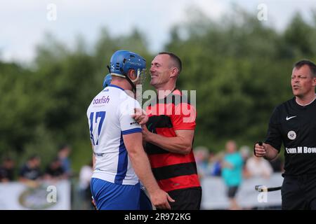 Glasgow, UK. 02nd June, 2023. Player from either team confront each other, Oban Camanachd vs Glasgow Mid Argyll, The Glasgow Celtic Society Challenge Cup Final, 24 June 2023 (Photo by /SportPix/Sipa USA) (Photo by /SportPix/SportPix/Sipa USA) Credit: Sipa USA/Alamy Live News Stock Photo