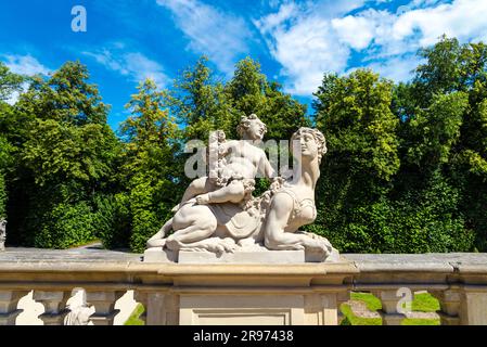 Allegoric baroque sculpture s in the gardens at Italian style 17th century baroque royal Wilanow Palace, Warsaw, Poland Stock Photo