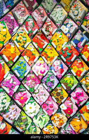 flower seed packets for sale at the Flower Market or Bloemenmarkt in Amsterdam. Stock Photo