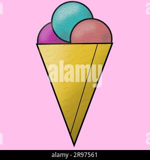 on a pink background from an ice cream cone with three multi-colored balls. Stock Photo
