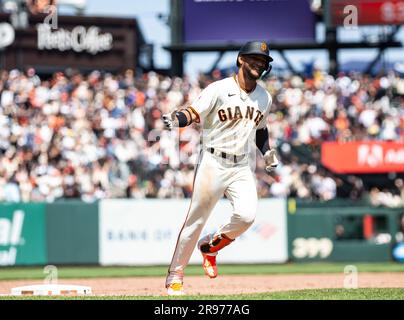 Luis Matos (6) (San Francisco Giants) of the Scottsdale Scorpions during an  Arizona Fall League game against the Surprise Saguaros on October 20, 2022  at Surprise Stadium in Surprise, Arizona. (Tracy Proffitt/Four