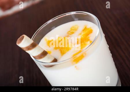fruit cocktails made of yogurt, Healthy morning drink with sweetness on the background of old wood and bricks Stock Photo