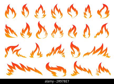 Hot temperature comic dangerous flame fires. Cartoon fire flames. Red campfire fiery icon set. Burning blazing wildfire, bonfires isolated on white background. Silhouette sign for stencil, stamp Stock Vector