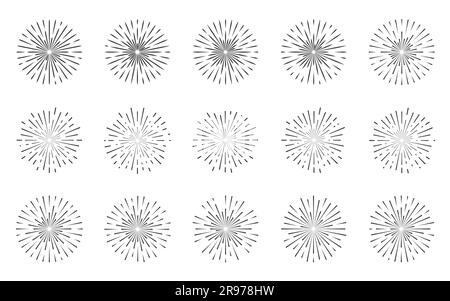 Vintage sunburst collection. Radial sunset beams isolated on white background. Different shapes circle bursting sun rays ink hand drawn hipster frames. Fireworks explosion light blast trendy effect Stock Vector