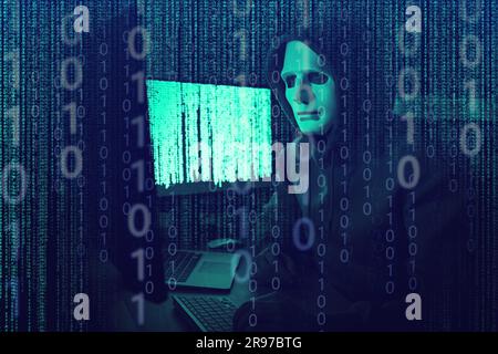 Cyber attack. Anonymous hacker in mask working with computers on dark background. Different digital codes around him Stock Photo