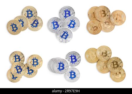 Collage with different bitcoins on white background, top view Stock Photo