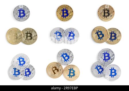Collage with different bitcoins on white background, top view Stock Photo