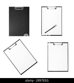 Black clipboards on white background, top view Stock Photo