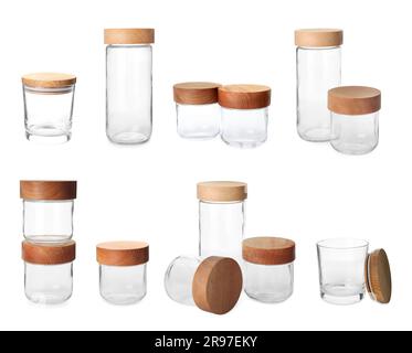 Collage of glass jars with wooden lids isolated on white Stock Photo