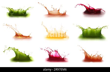 Splashing different fresh juices isolated on white, collage design Stock Photo