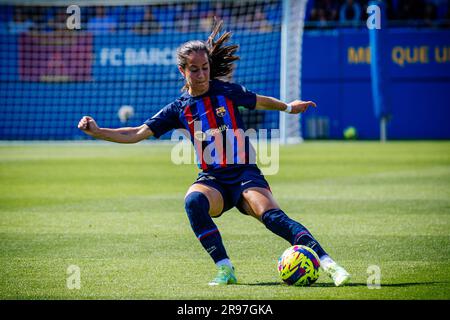 BARCELONA - APR 30: Nuria Rabano in action during the Primera Division Femenina match between FC Barcelona and Sporting de Huelva at the Johan Cruyff Stock Photo