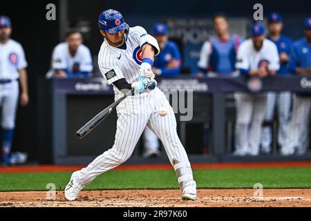 Seiya Suzuki #27 of the Chicago Cubs at bat during the 2023 MLB London  Series match St. Louis Cardinals vs Chicago Cubs at London Stadium, London,  United Kingdom, 24th June 2023 (Photo