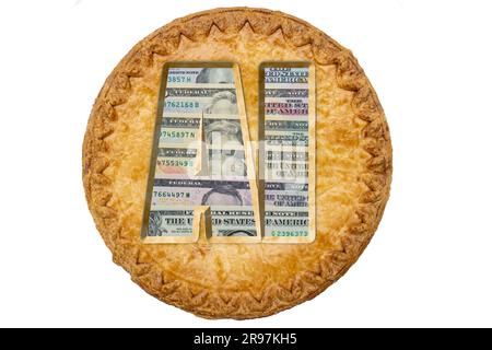 Flat lay photo of a pie made of money isolated on white background. The crust is cut out in the shape of the letters AI, showing the bills inside Stock Photo