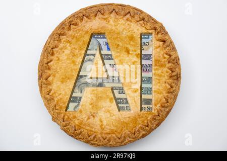 Flat lay photo of a pie made of money isolated on white background. The crust is cut out in the shape of the letters AI, showing the bills inside Stock Photo