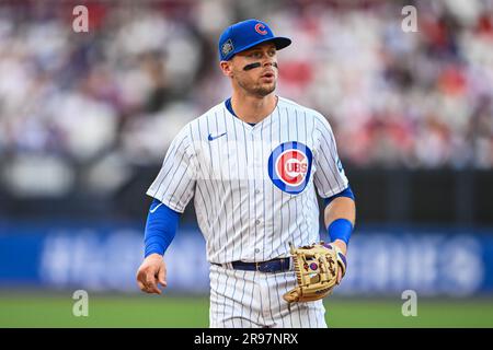 Nico Hoerner #2 of the Chicago Cubs during the press conference ahead of  the 2023 MLB London Series Workout Day for St. Louis Cardinals and Chicago  Cubs at London Stadium, London, United