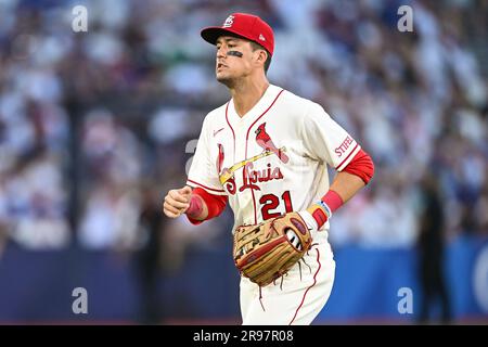 St. Louis Cardinals' Lars Nootbaar jokes with Andrew Knizner before facing  the Seattle Mariners in a baseball game Sunday, April 23, 2023, in Seattle.  (AP Photo/Lindsey Wasson Stock Photo - Alamy