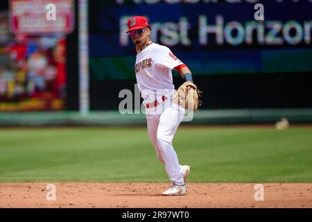 Memphis Redbirds Masyn Winn (5) runs to first base during an MiLB  International League baseball game against the Norfolk Tides on May 24,  2023 at AutoZone Park in Memphis, Tennessee. (Mike Janes/Four