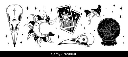 Tarot aesthetic set. Spiritual tarot cards, mushroom, crystal ball for wicca. Vector illustration isolated in white background Stock Vector