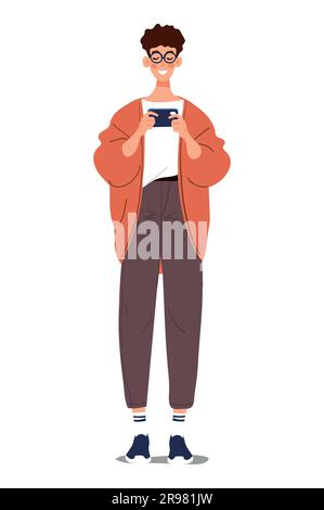 A modern guy uses a phone, a girl in jeans and a cardigan communicates in a smartphone messenger, a flat cartoon vector character in full growth. Vect Stock Vector