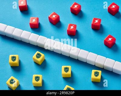 Cyber attack and firewall shield protection. Defending network systems or computer privacy. System safety. Thunder and shield symbols on cubes. Stock Photo