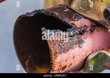 Old rusty steel water pipe from acetylene cutting, Scrap yard from cutting used pipes with gas equipment. Stock Photo
