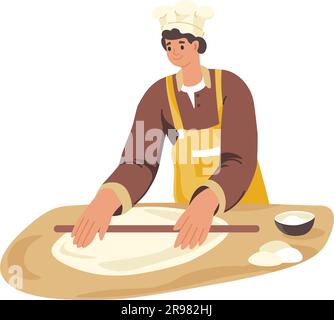 Cook with rolling pins working on pizza dough Stock Vector