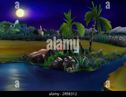 Palm trees near a small river in the African savannah oasis on a moonlit night. Digital Painting Background, Illustration. Stock Photo