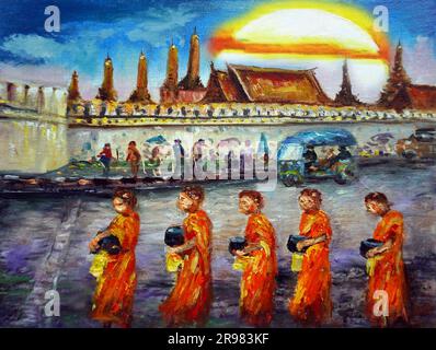 art oil painting Grand Palace bangkok Thailand , Wat phra keaw Stock Photo