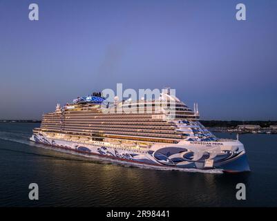 Norwegian prima cruise ship,  She is the first of six Project Leonardo class ships in the Norwegian Cruise Line NCL fleet.  Aerial view. Stock Photo