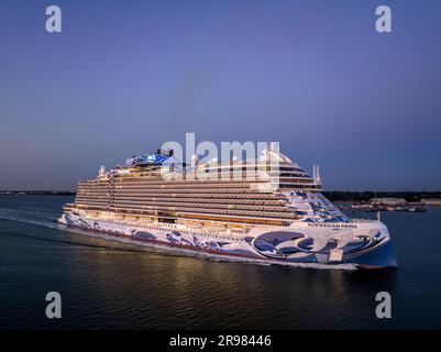 Norwegian prima cruise ship,  She is the first of six Project Leonardo class ships in the Norwegian Cruise Line NCL fleet.  Aerial view. Stock Photo