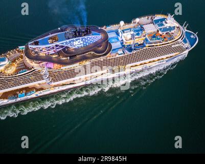 Norwegian prima cruise ship,  She is the first of six Project Leonardo class ships in the Norwegian Cruise Line NCL fleet.  Aerial view. Stock Photo