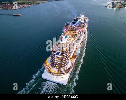 Norwegian prima cruise ship,  She is the first of six Project Leonardo class ships in the Norwegian Cruise Line NCL fleet.  Aerial view. Stock Photo