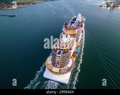 Norwegian prima cruise ship,  She is the first of six Project Leonardo class ships in the Norwegian Cruise Line NCL fleet.  Aerial view. Stock Photo